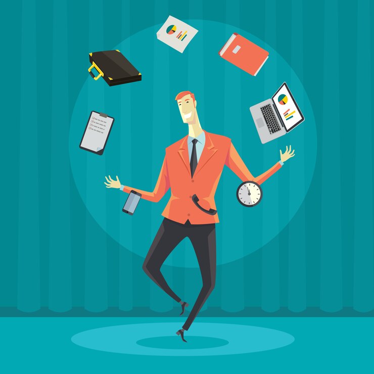 Vector hombre de negocios divertido que hace juegos malabares con el material de oficina.