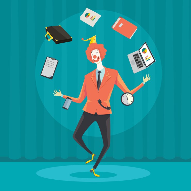 Vector hombre de negocios divertido que hace juegos malabares con el material de oficina.