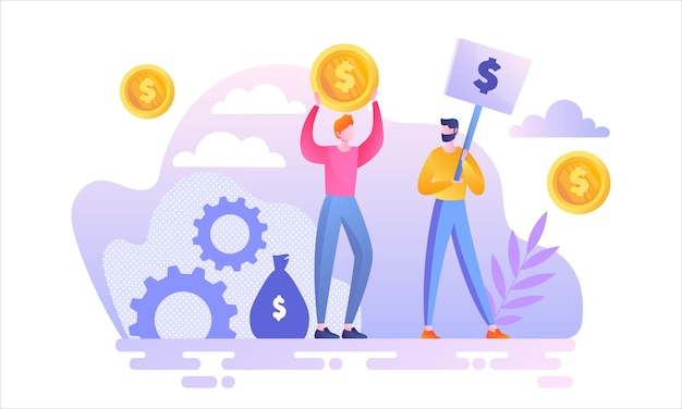 Un hombre de negocios con un dólar una mujer está de pie con una moneda en las manos y al lado de un hombre con un letrero invirtiendo