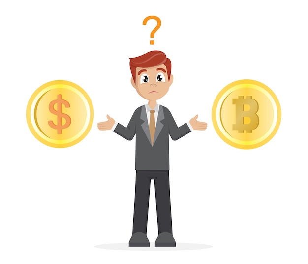 El hombre de negocios elige monedas de bitcoin o dólar
