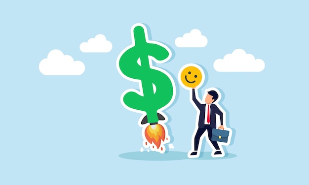 Un hombre de negocios con un emoticon feliz de pie al lado de un signo de dólar que se lanza como un cohete ilustración de usar la atención positiva del mercado para aumentar exponencialmente los ingresos comerciales