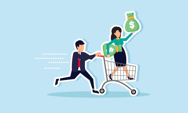 Un hombre de negocios empujando a su compañera de negocios de pie en un carrito de compras llevando un saco de dinero ilustración de la aceleración de la colaboración empresarial para obtener ganancias