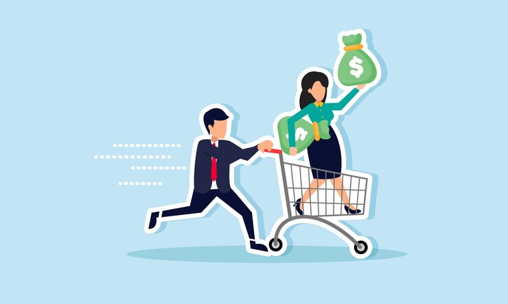 Vector un hombre de negocios empujando a su compañera de negocios de pie en un carrito de compras llevando un saco de dinero ilustración de la aceleración de la colaboración empresarial para obtener ganancias