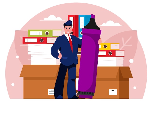 Hombre de negocios con un enorme marcador Una pila de documentos de papel y carpetas de archivo Cajas de cartón
