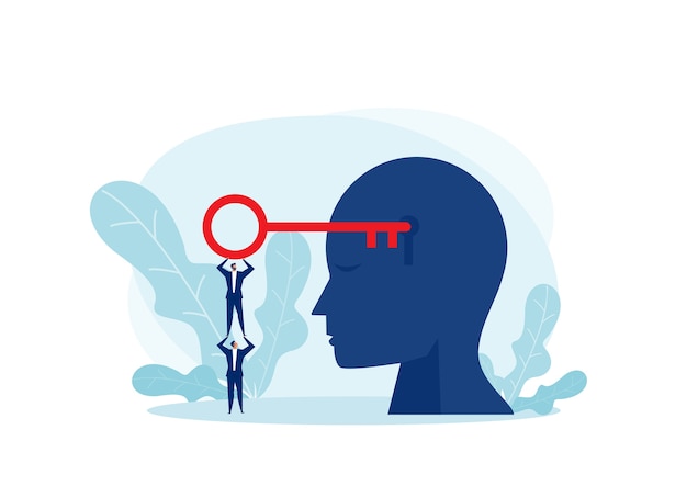 Hombre de negocios del equipo que sostiene la resolución clave grande en la silueta de la mano de una cabeza con una mente de desbloqueo de ojo de cerradura. Concepto de mente abierta. diseño plano de ilustración.