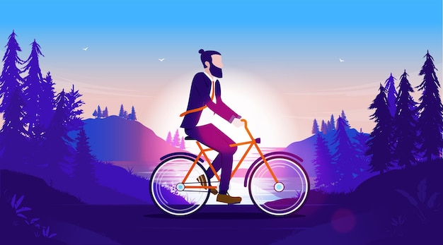 Vector hombre de negocios, equitación, en bicicleta, aire libre, en, paisaje