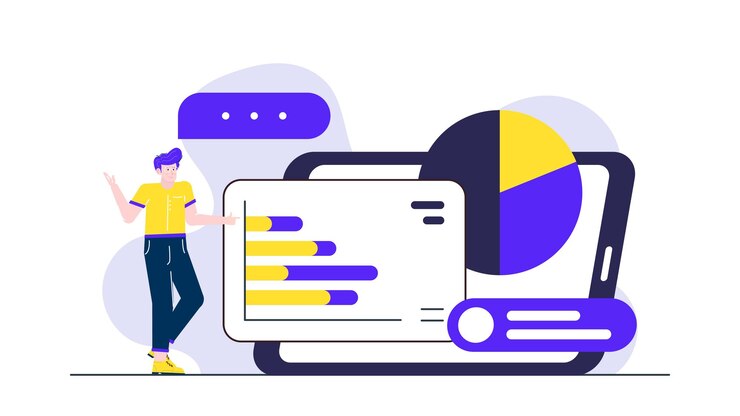 Vector un hombre de negocios es una presentación sobre el aumento del negocio con gráficos y gráficos en un espacio de coworking moderno y creativo