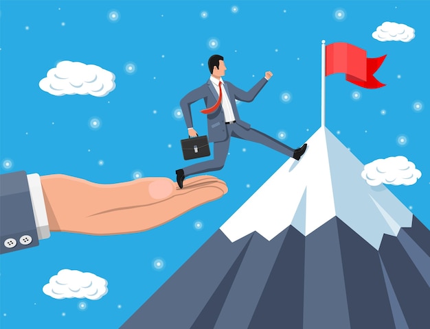 El hombre de negocios en la escalera del gráfico corre rápido con corbata y maletín que agitan Establecimiento de objetivos Objetivo inteligente Concepto de objetivo empresarial Logro y éxito Ilustración vectorial en estilo plano