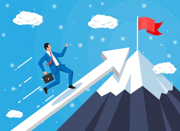El hombre de negocios en la escalera de gráficos corre rápido con corbata y maletín. El establecimiento de metas. Objetivo inteligente. Concepto de objetivo empresarial. Logro y éxito. Ilustración de vector de estilo plano