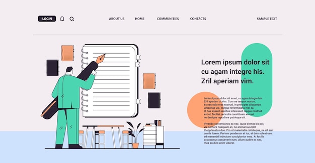 hombre de negocios escribiendo en un cuaderno hombre de negocios planeando en la lista de control de notas en el bloc de notas cuestionario de encuesta lista de tareas pendientes concepto de acuerdo espacio de copia horizontal ilustración vectorial lineal