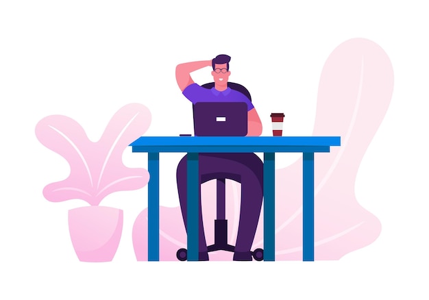 Hombre de negocios en el escritorio trabajar duro analizando las estadísticas del proyecto en la computadora portátil. Ilustración plana de dibujos animados