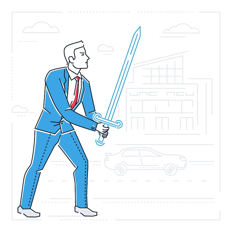 Vector hombre de negocios con una espada - estilo de diseño de línea ilustración aislada sobre fondo blanco. imagen metafórica de una persona dispuesta a luchar con problemas, dificultades. siluetas de edificios, coches