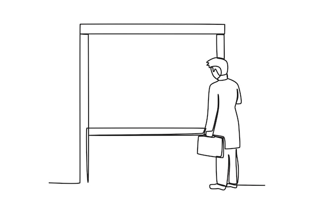 Un hombre de negocios esperando el tren en la estación Dibujo de una línea de actividades de la estación de tren