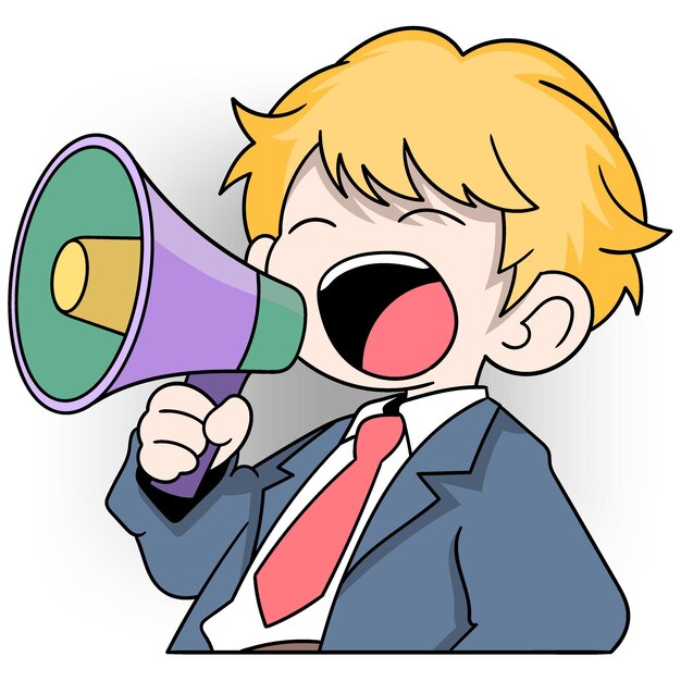 Un hombre de negocios está gritando usando un altavoz de megáfono.
