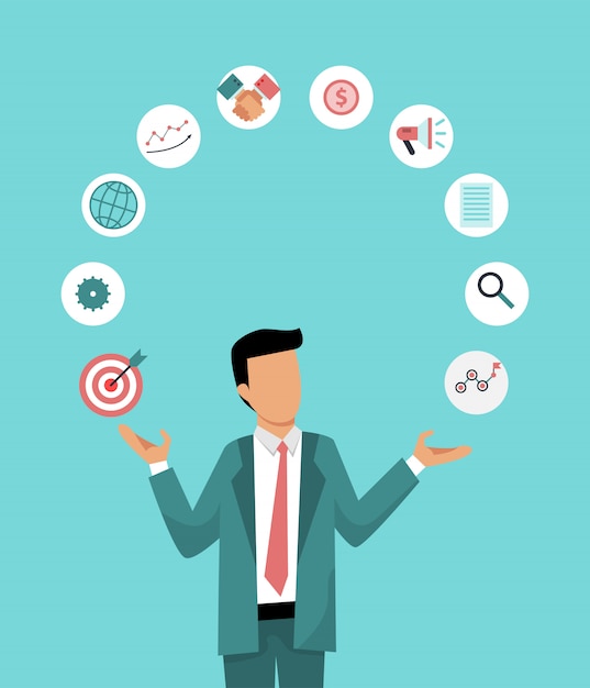 El hombre de negocios está haciendo malabares con los iconos de negocios. Ilustración del tiempo de trabajo de distribución correcto. Administración de Empresas.