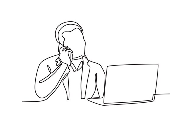 hombre de negocios está en una llamada en serio mientras mira la computadora portátil