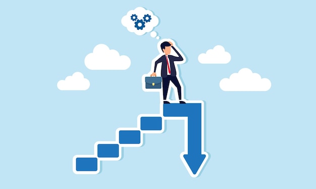 Un hombre de negocios está de pie al final de una escalera con una flecha hacia abajo confundida con una máquina de engranajes ilustración de analizar la gestión empresarial con disminución del rendimiento