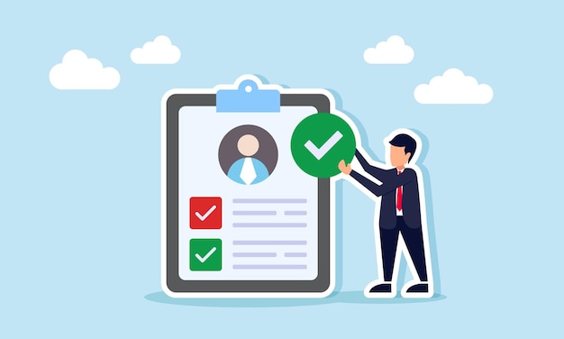 Un hombre de negocios está de pie al lado del currículum vitae de alguien mientras sostiene una ilustración de marca de comprobación para obtener un candidato a un trabajo adecuado y calificado