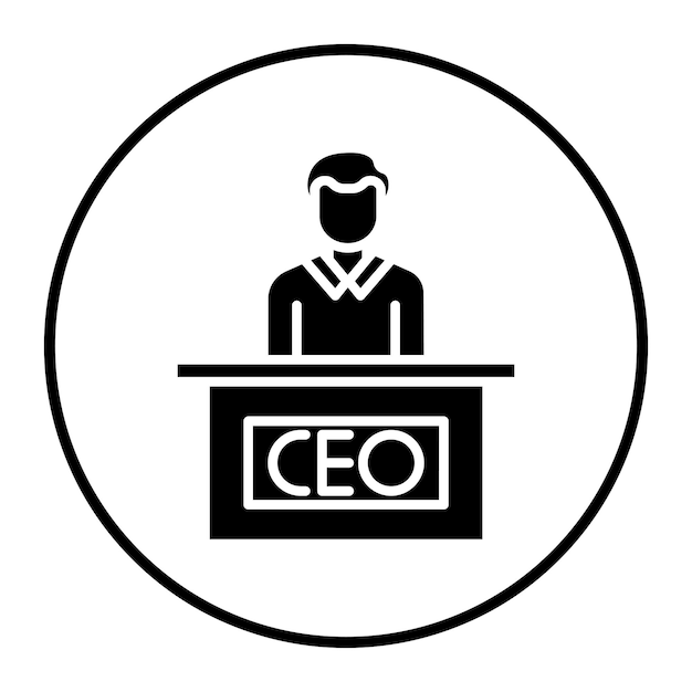 un hombre de negocios está de pie detrás de un podio que dice "oficina"