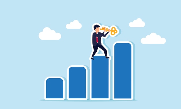 Un hombre de negocios está de pie en un gráfico con una ilustración clave de una solución para aumentar la exposición al rendimiento empresarial