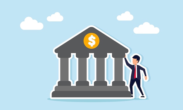 Un hombre de negocios está de pie junto a un edificio de leyes con una ilustración de un signo de dólar de la búsqueda de justicia para la disputa financiera de negocios