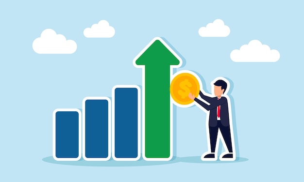 Un hombre de negocios está de pie junto a un gráfico ascendente mientras sostiene una ilustración de moneda de un dólar de ganancias comerciales y crecimiento de ingresos