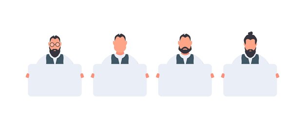 Un hombre de negocios está de pie y sostiene un cartel en blanco con un lugar para el texto. Hombre que sostiene la pancarta en blanco aislada en el fondo blanco. El chico muestra el cartel. Vector.