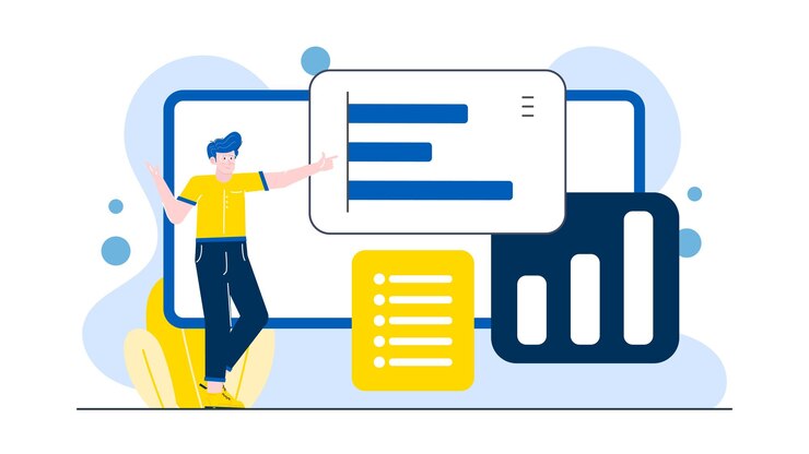 Vector un hombre de negocios está presentando sobre el aumento del negocio con diagrama y gráfico