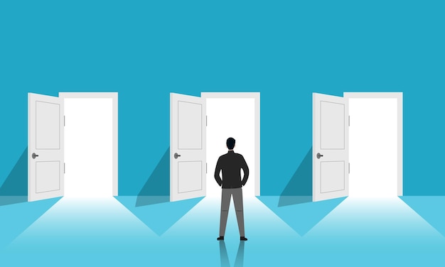 El hombre de negocios está a la puerta de muchas oportunidades para hacer elecciones