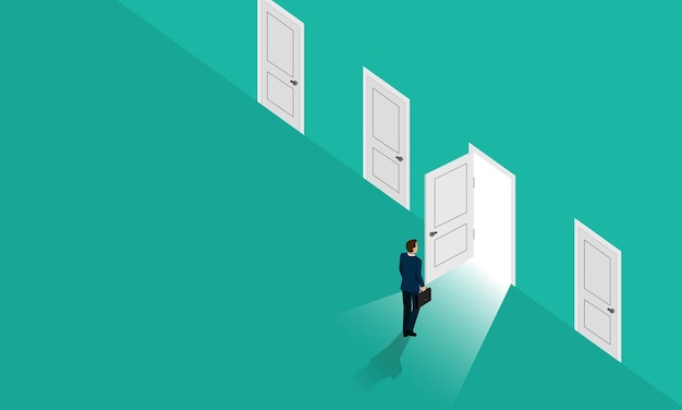 El hombre de negocios está a la puerta de muchas oportunidades para hacer elecciones