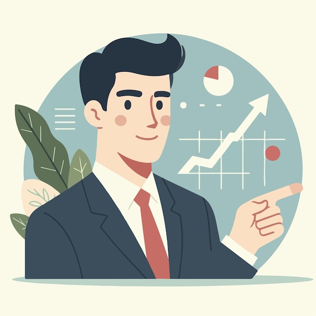 El hombre de negocios está señalando al lado con un estilo de diseño plano