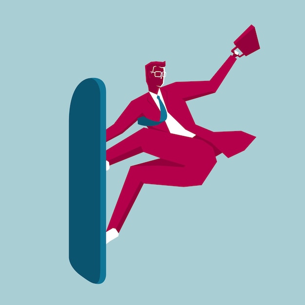El hombre de negocios está surfeando. Aislado sobre fondo azul.