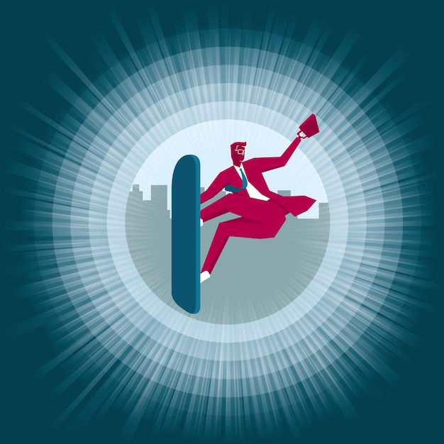 El hombre de negocios está surfeando. El fondo es un círculo abstracto