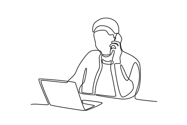 hombre de negocios está en el teléfono mientras mira la computadora portátil