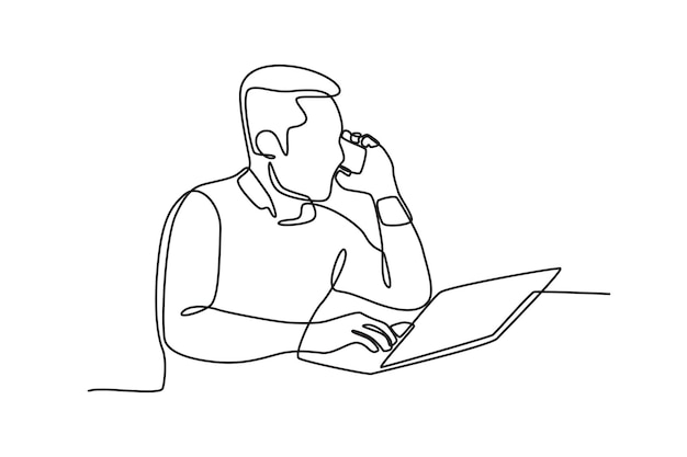 hombre de negocios está en el teléfono mientras trabaja delante de la computadora portátil