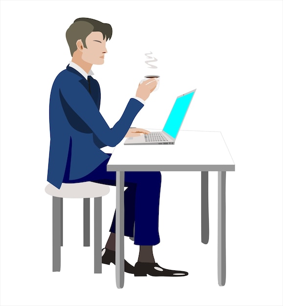 El hombre de negocios está trabajando en la computadora portátil Ilustración vectorial en estilo plano sobre fondo blanco