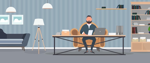Un hombre de negocios está trabajando en una computadora portátil en su oficina. Lugar de trabajo del director. Portátil, documentos, libros, mesa tipo loft. Vector.