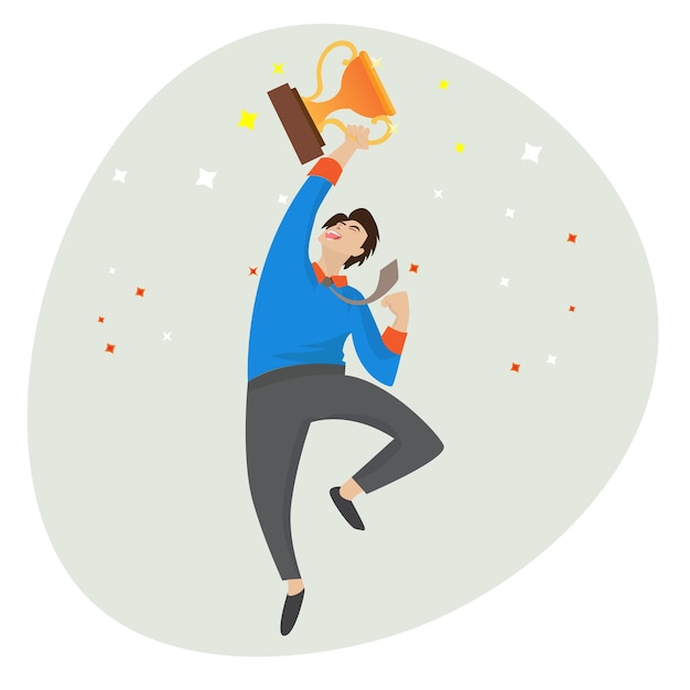 El hombre de negocios estaba celebrando y saltando con un trofeo en la mano disfrutando de las victorias comerciales Ilustración de vector de éxito de concepto de negocio
