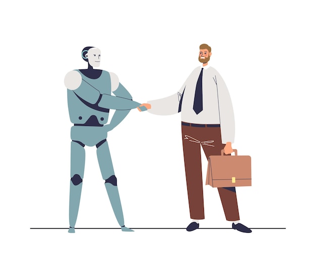 Hombre de negocios estrechando la mano con robot hombre de negocios y máquina de inteligencia artificial robótica apretón de manos ai y colaboración de personas y concepto de trabajo en equipo ilustración de vector plano de dibujos animados