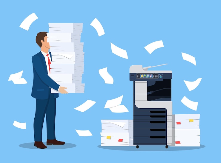 Vector hombre de negocios estresado tiene documentos de pila.