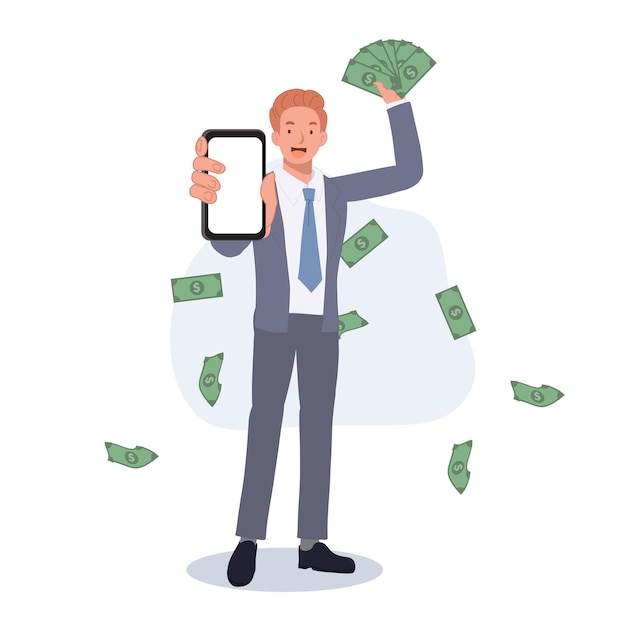 Hombre de negocios exitoso que muestra dinero en efectivo de dólares y el concepto de inversión de dinero de la aplicación de teléfono inteligente ilustración de dibujos animados de vector plano