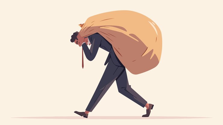 Vector un hombre de negocios exitoso vence una deuda comercial llevando una bolsa grande
