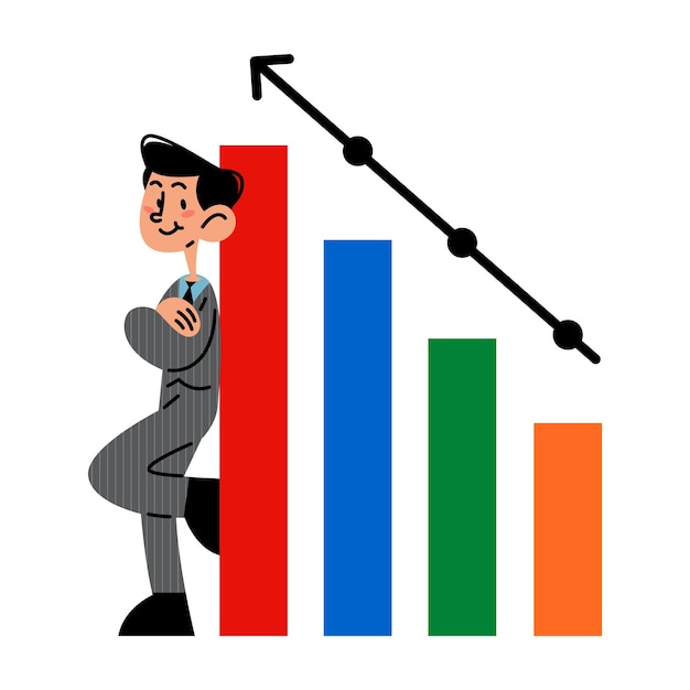 Hombre de negocios feliz aprendiendo sobre cómo elevar la ilustración de vector de gráfico