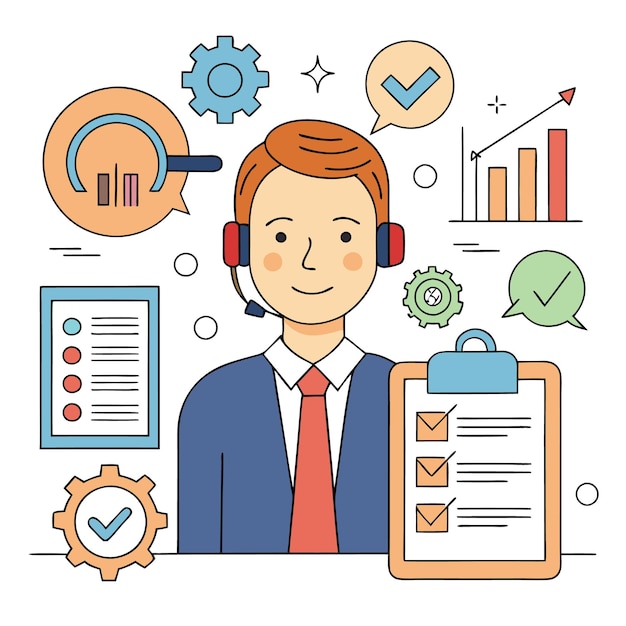 Un hombre de negocios feliz con auriculares y corbata sosteniendo un portapapeles con una lista de comprobación rodeada de íconos de engranajes, gráficos, marcas de comprobación y barras de progreso