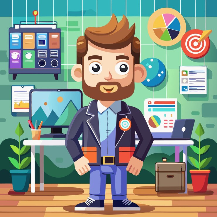 Vector un hombre de negocios feliz con barba está en su oficina con computadoras y plantas.