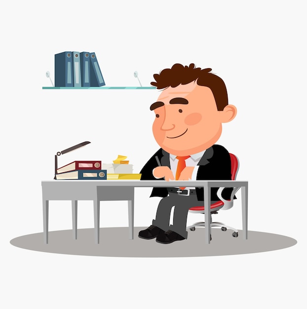 Hombre de negocios feliz se sienta en la mesa