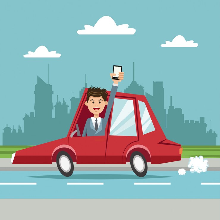 Vector hombre de negocios con fondo de ciudad de coche de teléfono inteligente