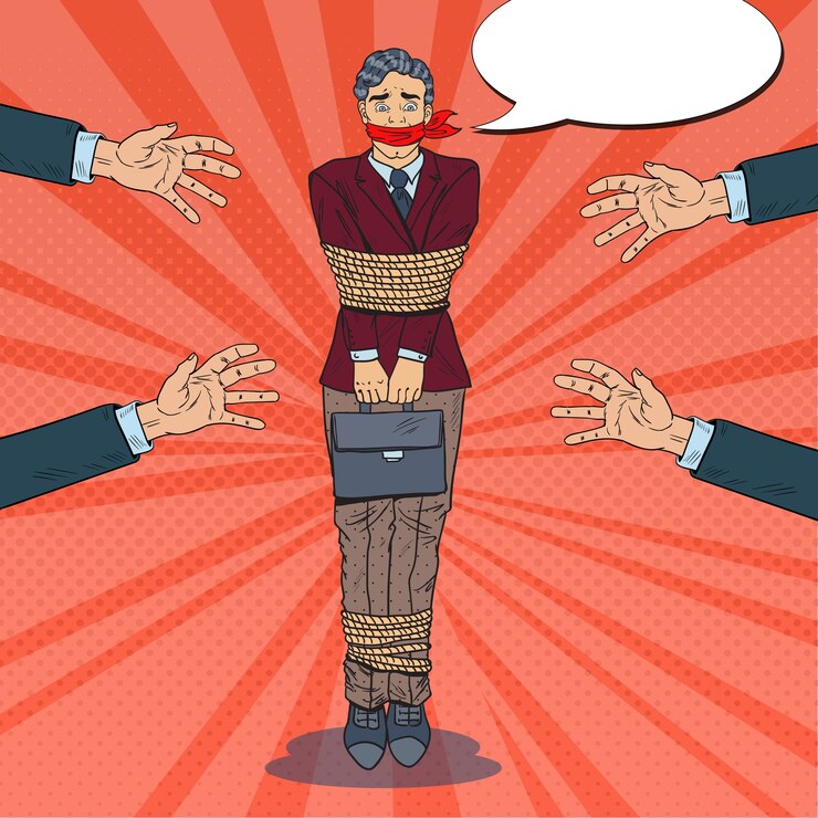 Vector hombre de negocios frustrado atado con cuerda