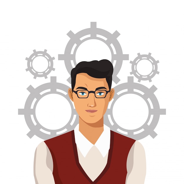 Hombre de negocios con gafas y engranajes de trabajo