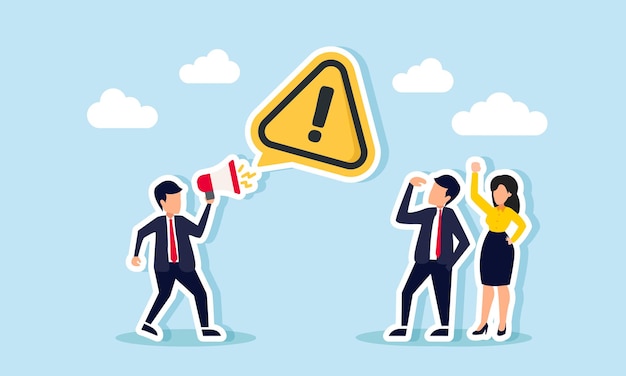 Un hombre de negocios habla con otro empresario usa un megáfono creando un signo de exclamación simboliza la atención ilustración de una advertencia para ser más cauteloso y cuidadoso en los negocios